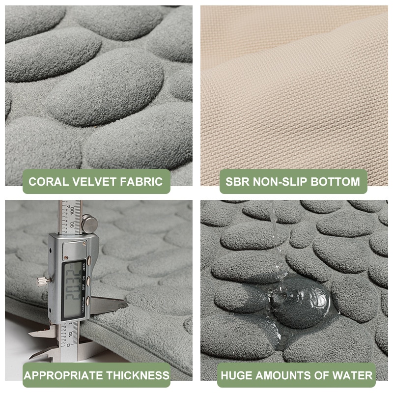 Cobblestone Embossed Slate Bath Mat Water-Absorbent, Non-Slip, Memory Foam Bathroom Rug for Toilet and Floor