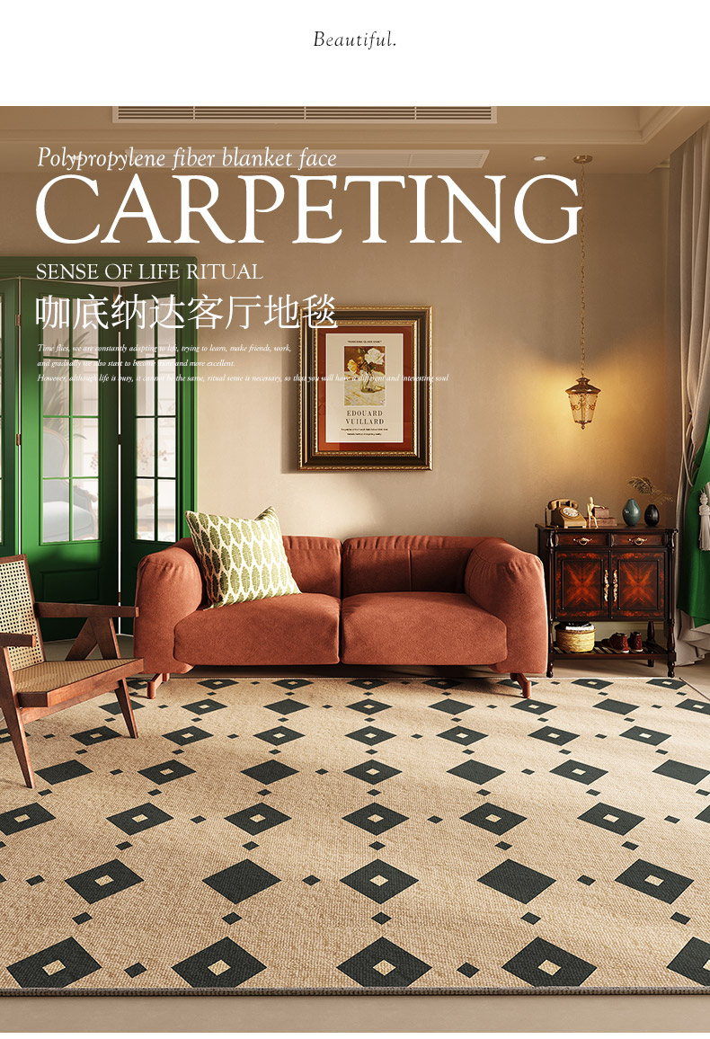 Plaid Carpet French Retro Carpets for Living Room Decor Thicken Bedside Rugs, Large Area Home Non-Slip Mat, Washable Lounge Rug in the Bedroom