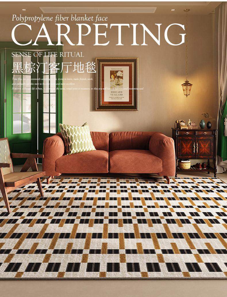 Plaid Carpet French Retro Carpets for Living Room Decor Thicken Bedside Rugs, Large Area Home Non-Slip Mat, Washable Lounge Rug in the Bedroom