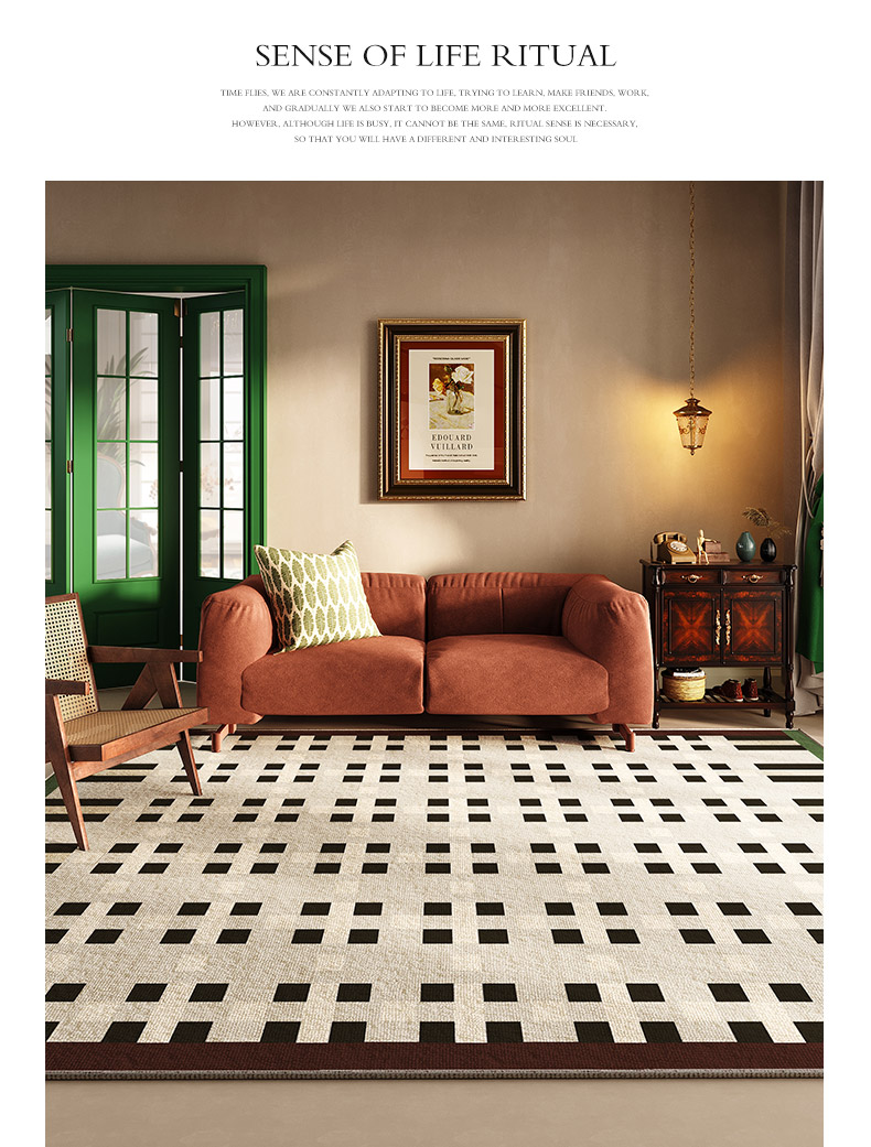 Plaid Carpet French Retro Carpets for Living Room Decor Thicken Bedside Rugs, Large Area Home Non-Slip Mat, Washable Lounge Rug in the Bedroom