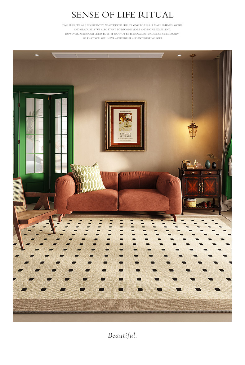 Plaid Carpet French Retro Carpets for Living Room Decor Thicken Bedside Rugs, Large Area Home Non-Slip Mat, Washable Lounge Rug in the Bedroom